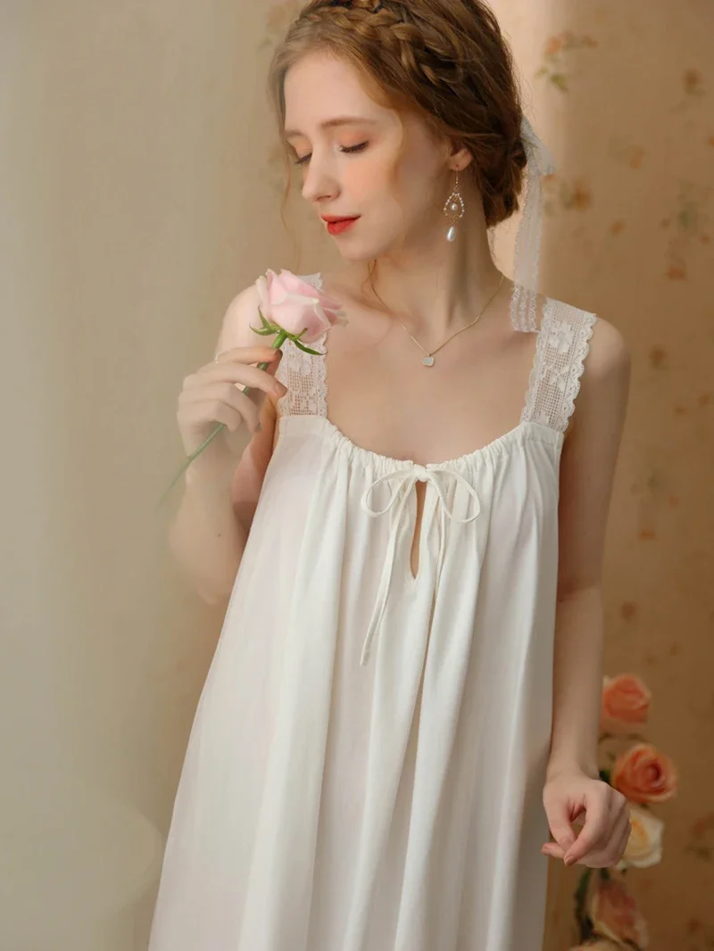 Summer Victorian Nightgowns Ruffles Cotton Lace Hollow Out Nightdress Women Sweet Girls Vintage Princess Sexy Loose Sleepwear