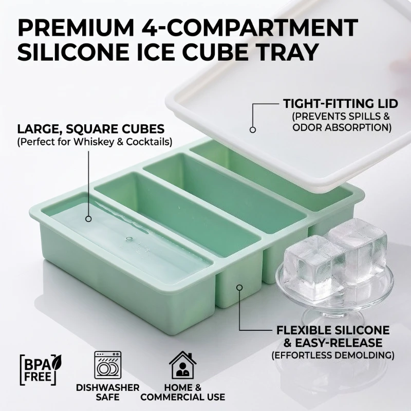 4 Cavity Large Silicone Long Ice Cube Tray with Lid Easy Release Ice Mold for Whiskey Home Commercial Ice Maker Tools