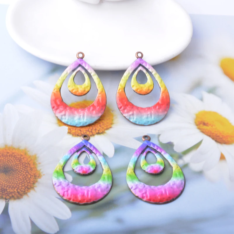 8 Stück/Set Sommer-Stil Eisen Regenbogenfarben Geometrie Herz Runde Anhänger Schmuckzubehör Bemalte Ohranhänger Damen DIY Accessoires – Detail 7