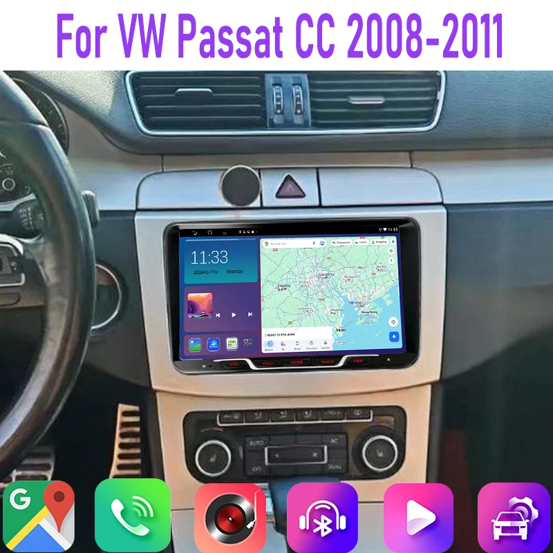 

9" 4GB+64GB For VW Passat CC 2008-2011 Car Radio 2DIN Google Map Head Unit GPS Android 15 Auto Rear Camera Wireless Carplay