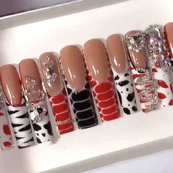 Customized Y2K Crocodile Print Snake Handmade 3XL Long Press On Nails Bling Rhinestone False Nails Reusable Acrylic Fake Nail