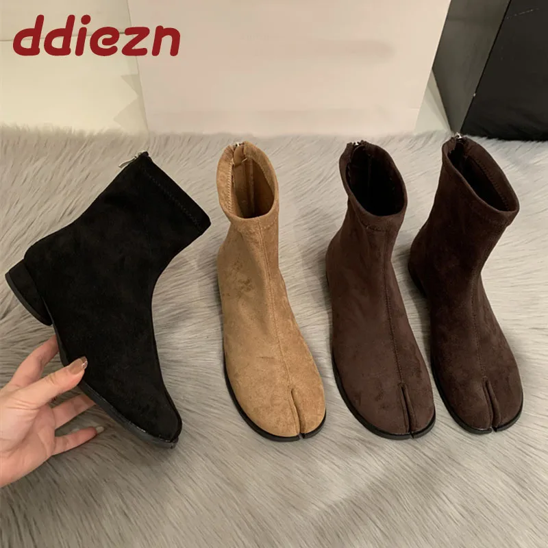 

Женские ботильоны на круглом каблуке, женская модная обувь из флока, женские короткие ботинки с странным носком, обувь на молнии