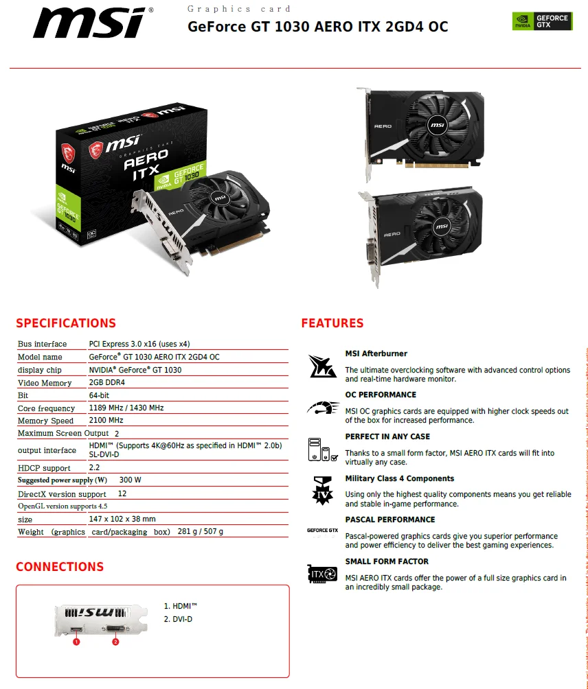 MSI GeForce GT 1030 AERO ITX 2GD4 OC 64Bit DVI PCI-E 3.0 Geforce GPU Gt 1030 بطاقة فيديو للألعاب Placa De Video