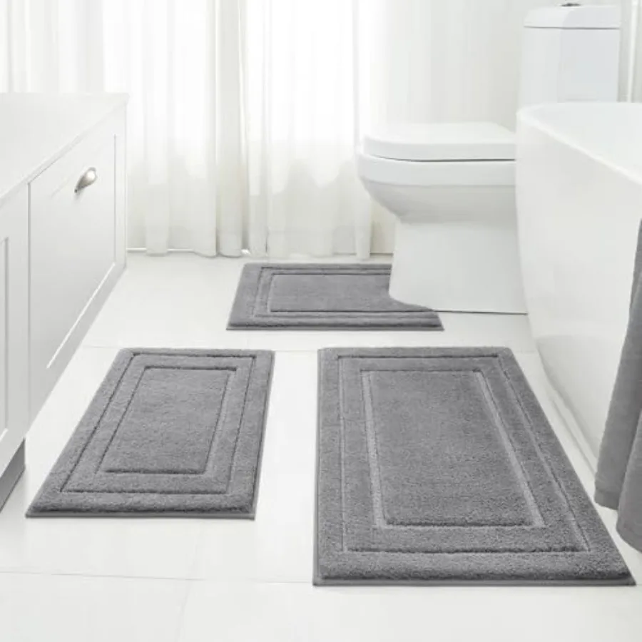 

Bathroom Rugs Sets 3 Piece Super Soft and Absorbent Non Slip Microfiber Toilet Bath Mat with U-Shaped Grey