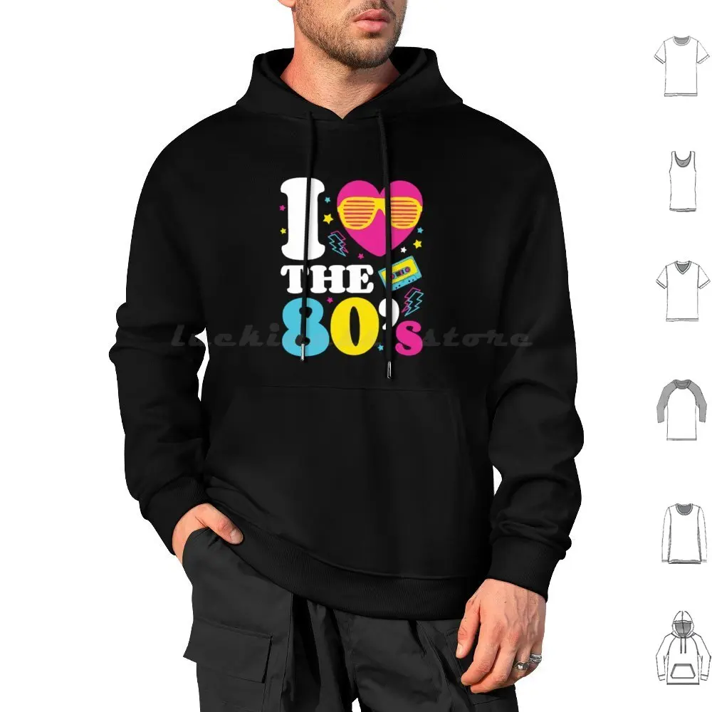 Love The 80'S ; Retro Eighties 1980S Neon 1980 Hoodie cotton Long Sleeve Costume Tape Sunglasses Dance 1980 Retro