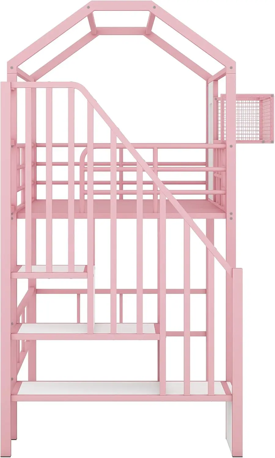 Metal Loft Bed com telhado Design e uma caixa de armazenamento, Twin, Pink