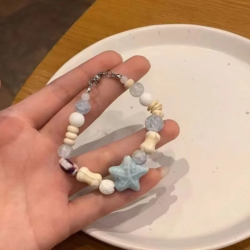 Koreanische süße Keramik-Seestern-Armbänder für Frauen und Mädchen, handgefertigt, rosa, blau, Perlenarmband, ästhetischer Y2K-Schmuck, Freundschaftsgeschenk