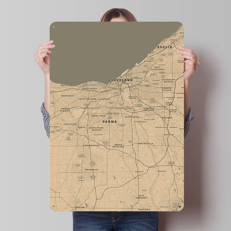 Detailed Map of Cleveland Parma Poster Customized Vintage Metal Signs Wall Art Retro Tin Plaque for Bedroom Decoration Gaming