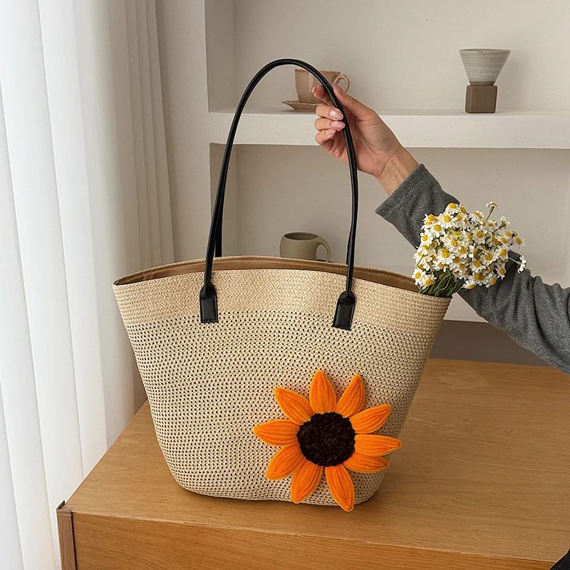 

Новая вместительная плетеная соломенная сумка через плечо для женщин, украшенная цветами подсолнуха в богемном стиле, для летнего отдыха на пляже и морского курорта