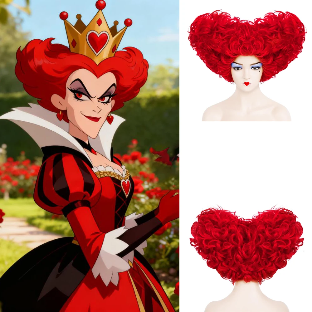 High-Quality Alice In Wonderlan Queen Of Hearts Cosplay Synthetic Hair Heart-Shaped Short Curly Hair Halloween And Christmas Wig