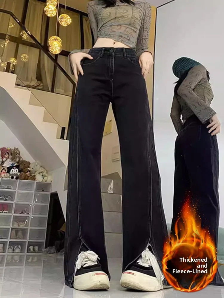 

High Waist Fleece Lined Split Denim Jeans Women's plus Size Straight Leg Pants Spring Fashion Pear Shaped Body Conceal Hip
