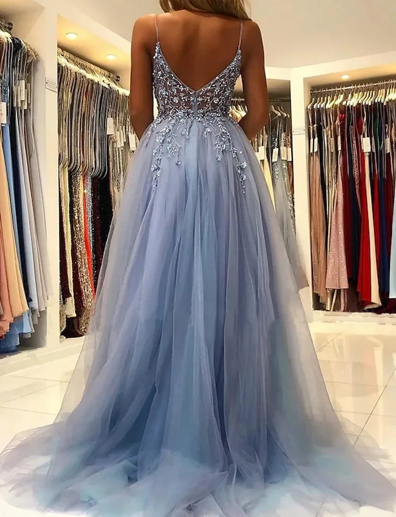 Customized Simple and elegant Princess a Line Decal Italian Strap Luxury Evening dress Sexy V-neck backless PROM party dress