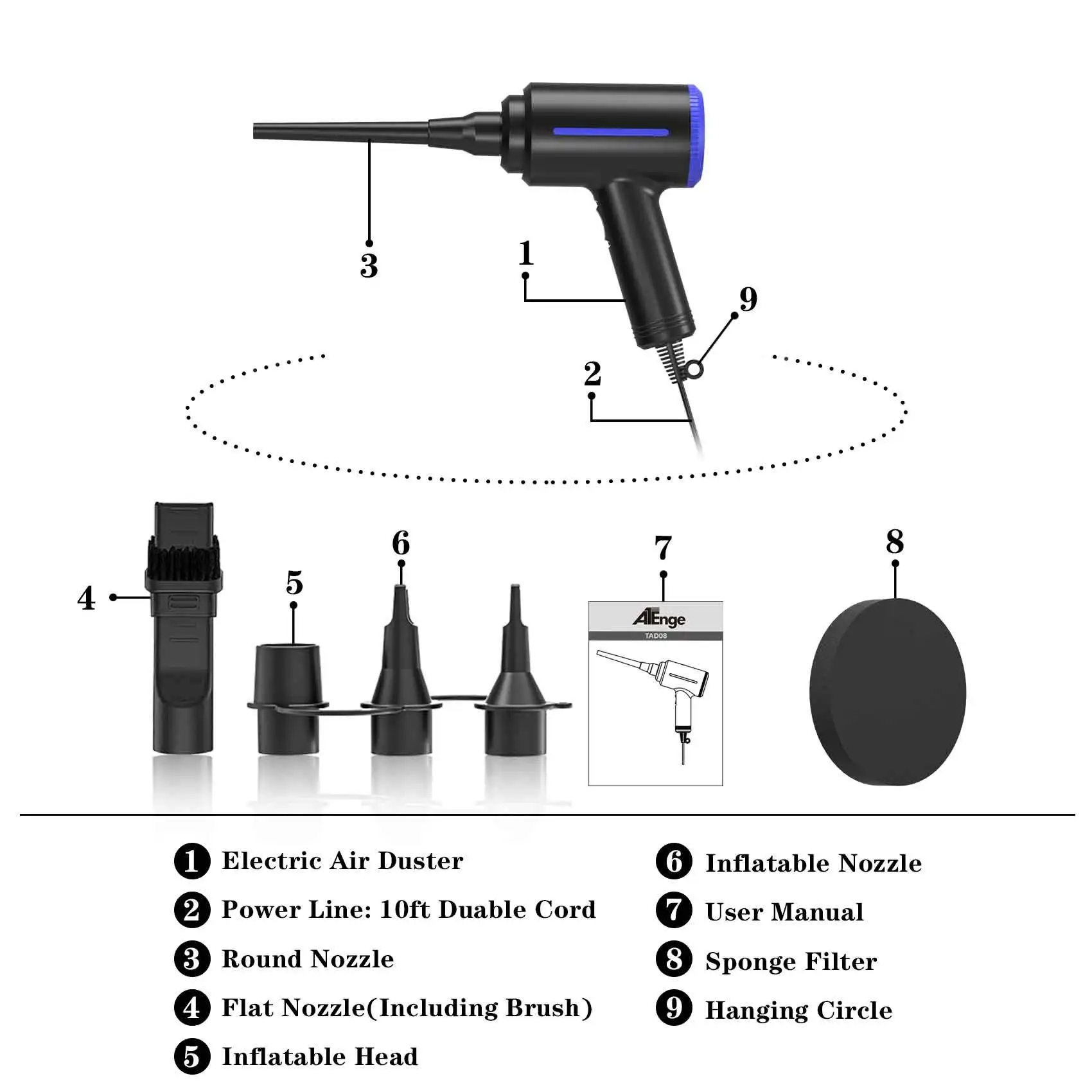 500watts Electric Air Duster, Air Blower Replaces Canned Air Spray for PC Computer Keyboard Cleaner Compressed Air Can Duster