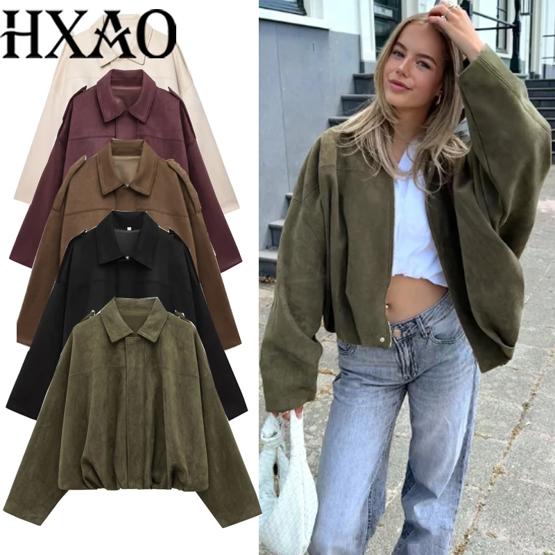 

HXAO Женская куртка Верхняя одежда Женские укороченные куртки-бомберы с длинными рукавами на молнии Демисезонная замшевая куртка Женские пальто и куртки