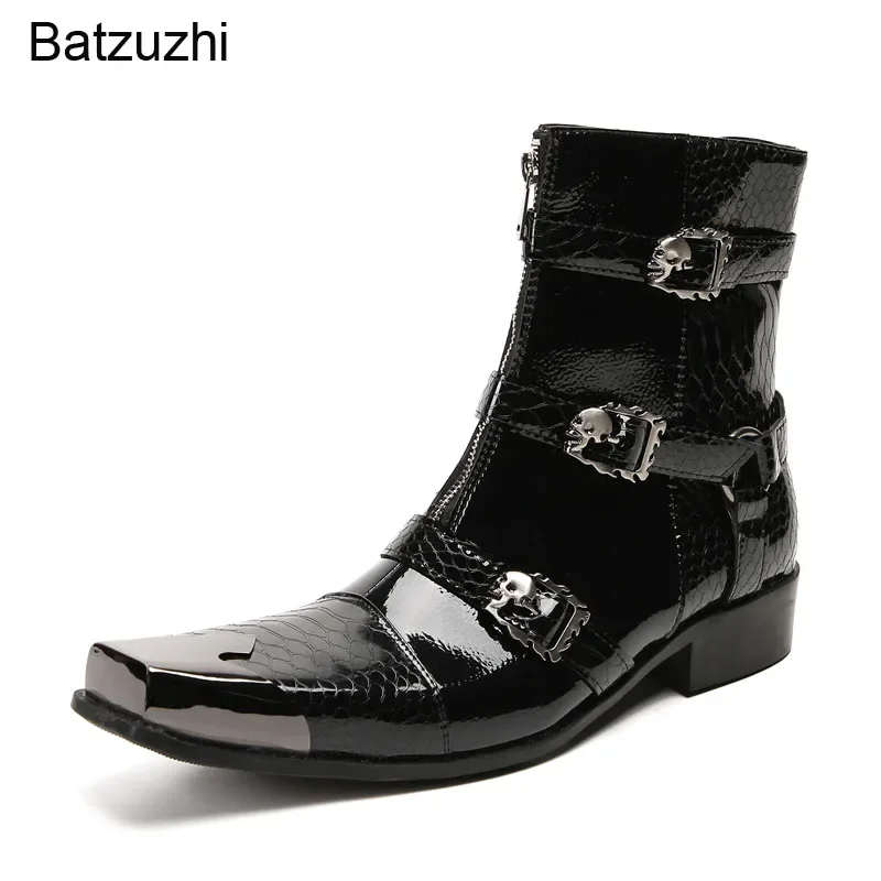 Batzuzhi Black Leather Men's Boots Punk Rock Men Boots Square Toe Zip Silver Cap Head Motorcycle Boots Men, Big Size 38-46!