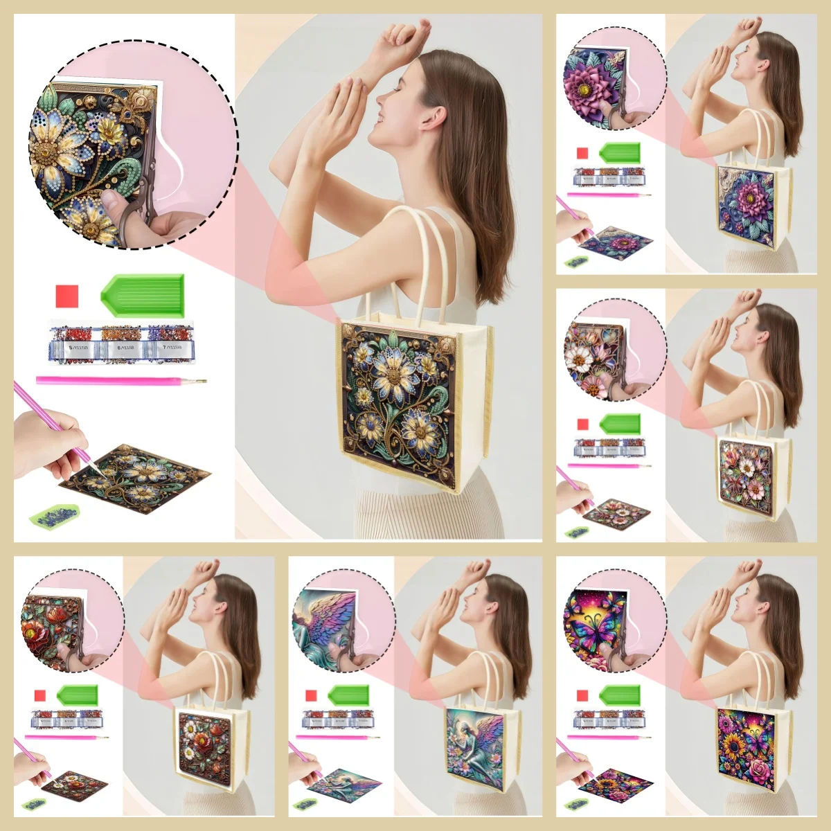 Un bolso de lona con diseño de flores con patrón de diamantes para hacer uno mismo. Es bien elaborado y adecuado tanto para el almacenamiento diario como para las compras.