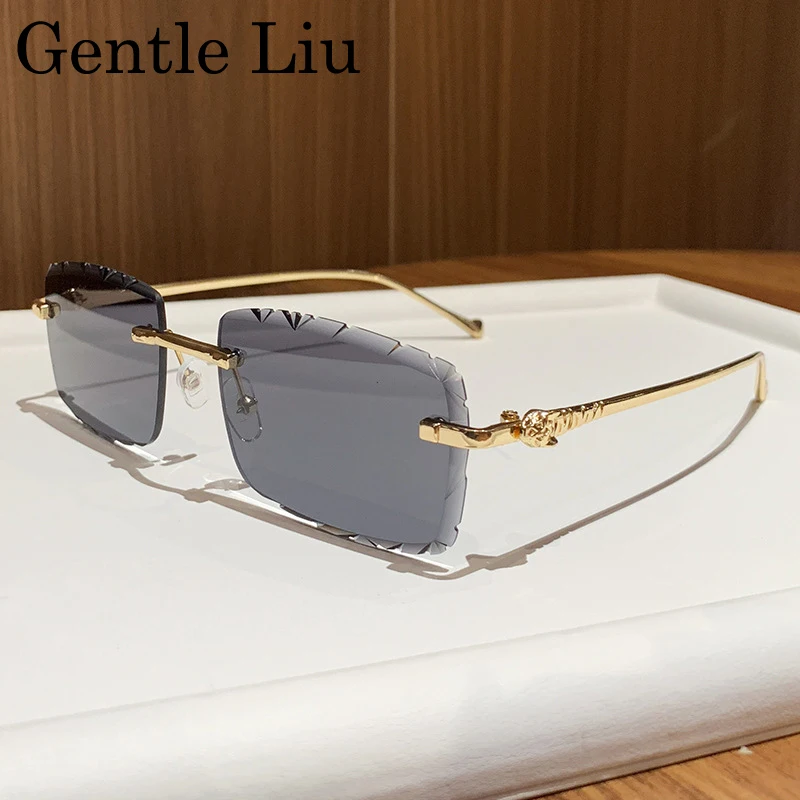 Fashion Small Rectangle Rimless Sunglasses Men 2025 Luxury Brand Square Frameless Metal Frame Cut Edge Eyewear For Male Shades