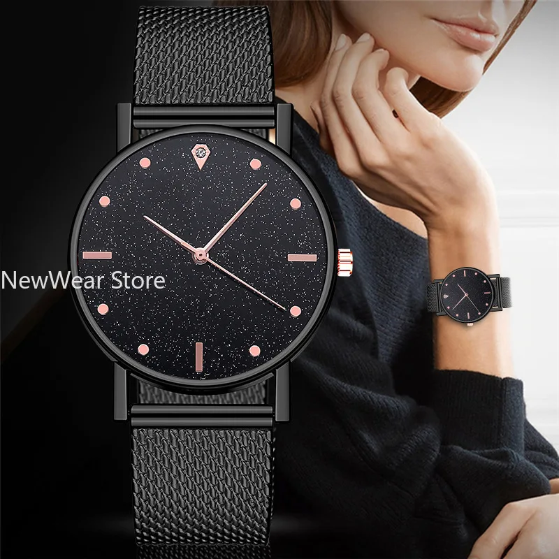 Reloj de pulsera de cuarzo para mujer, cronógrafo de malla de silicona con cielo estrellado, color negro, sencillo, a la moda, envío directo