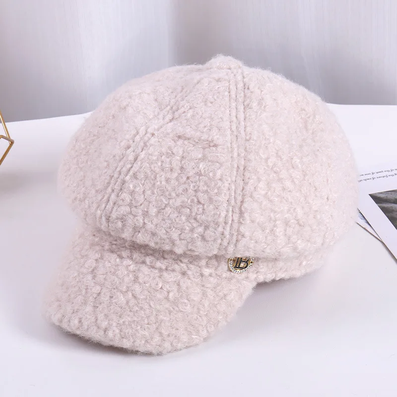 

Autumn Winter Hats for Women With Button Octagonal Caps Ladies Casual Woolen Hat Winter Beret Women Cap HR122304