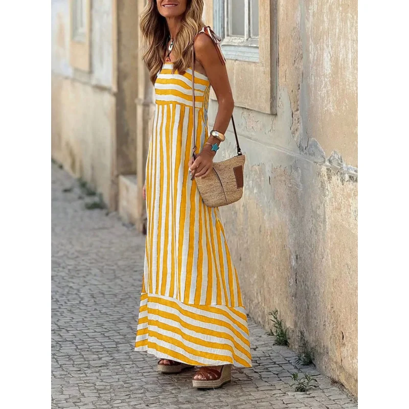 

Striped Sleeveless Long Dress Shoulder Tie up Design Perfect for Summer Vacations City Strolls Garden Parties