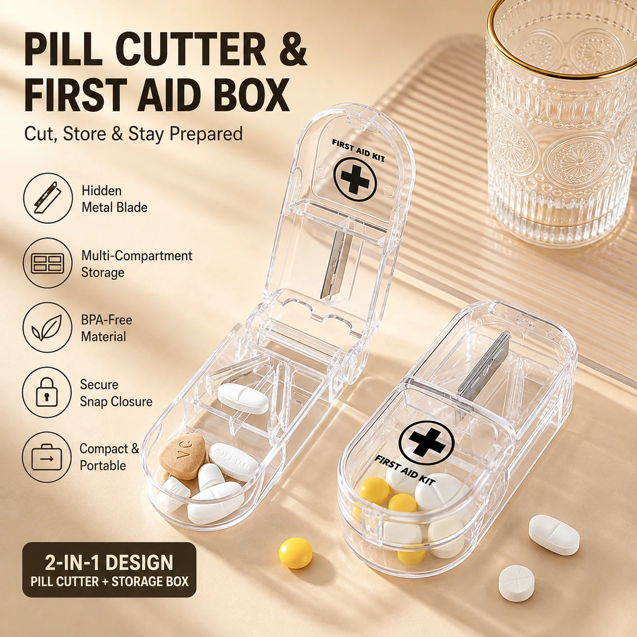 Pill Cutter Clear Compact Pill Organizer Built In Tablet Splitter Storage Box Travel Medicine Case Daily Medication Carry