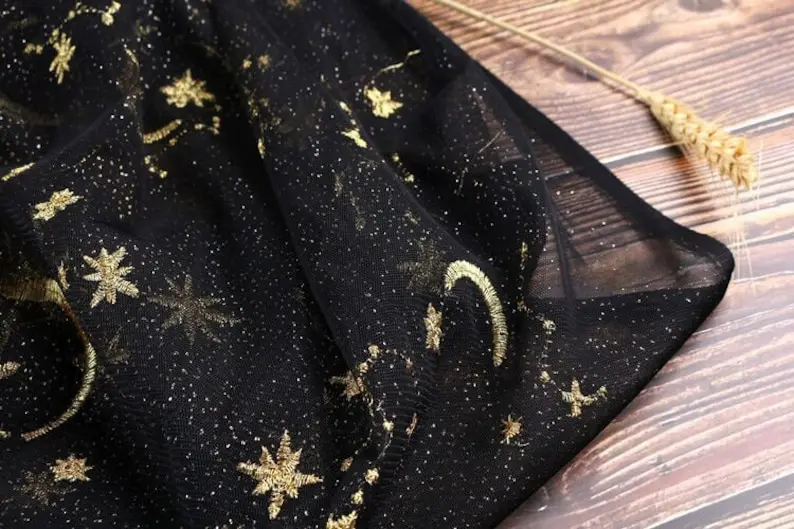 4 colors Gold Star Moon Embroidery Lace Fabric Gold Glitter dot Floral Tulle For Girl Dress, Top Blouse,  , Wedding Background