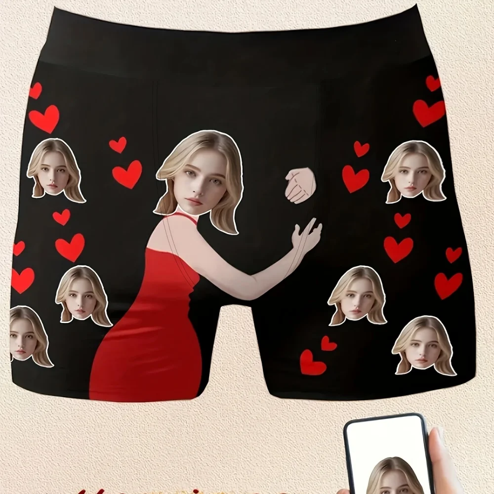 Custom Photo Men Boxer Briefs, Personalized Face Print Underwear, Funny Customized Picture Shorts Gift for Valentine Anniversary