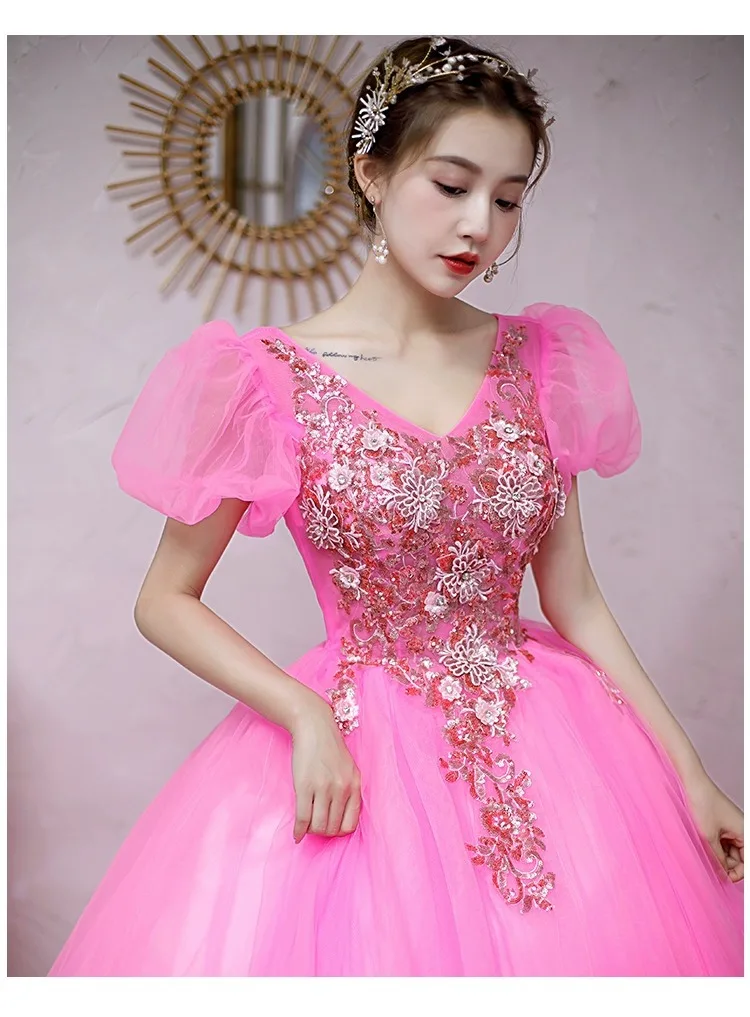 Vestido de quinceañera con apliques de lentejuelas, mangas cortas abullonadas, largo hasta el suelo, rosa, 15