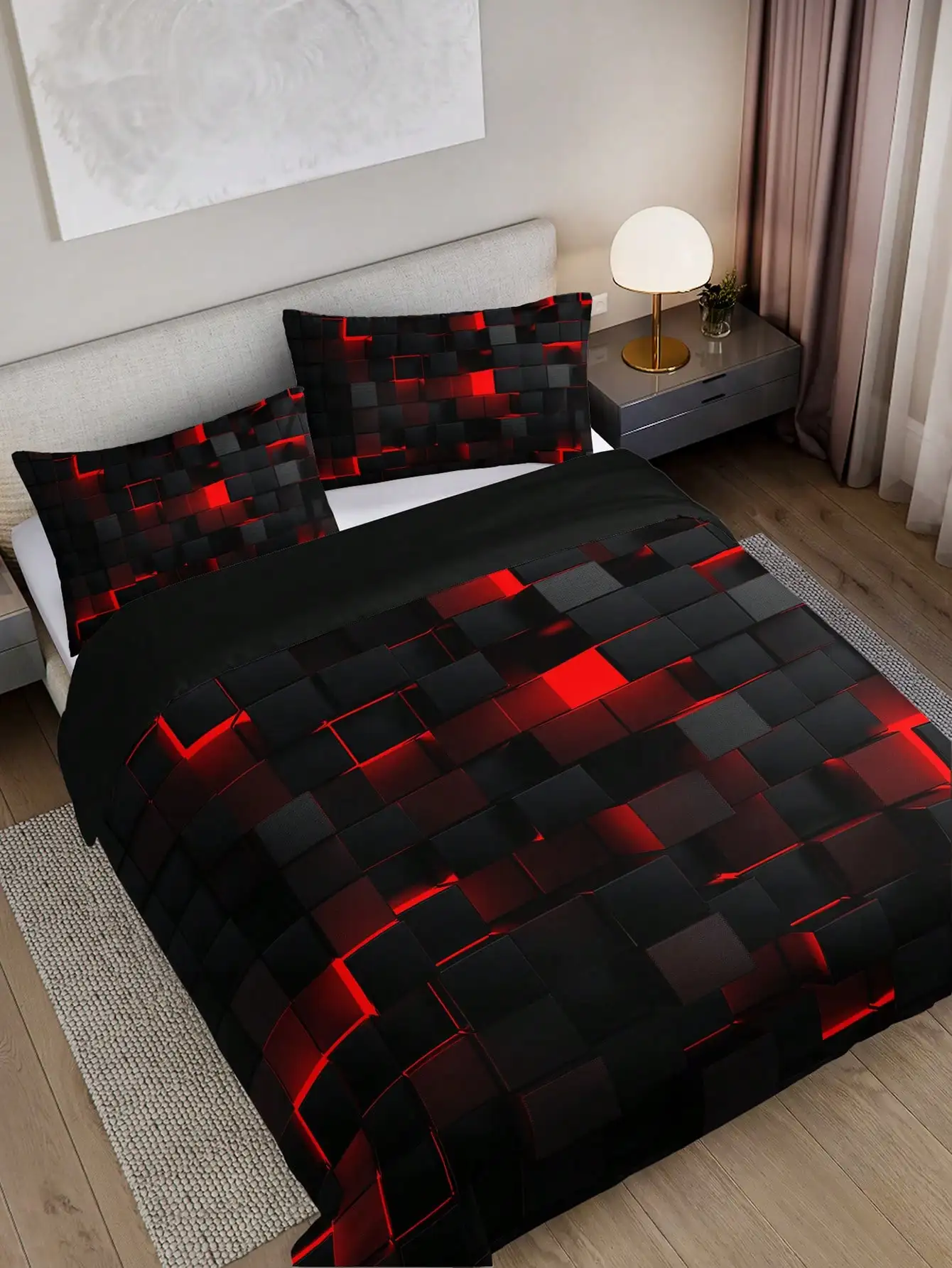 Ensemble de housse de couette à grille rouge de style technologique, 1 housse de couette et 2 taies d\'oreiller, adapté à la maison et au dortoir