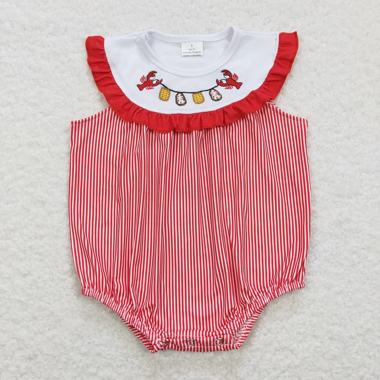 Wholesale Baby Girl Summer Short Sleeves Embroidery Crawfish Potato Jumpsuit Kids Toddler One-piece Newborn Red Stripes Romper