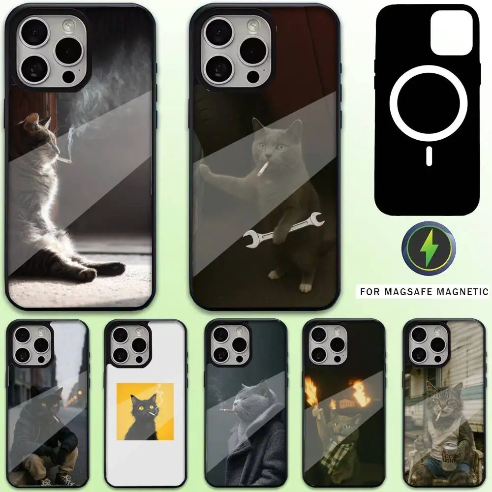 

Stylish Cat Smoking Pattern Phone Case For iPhone17,16,15,14,13,12,11 Plus,Pro Max Magnetic For Magsafe Wireless Charging
