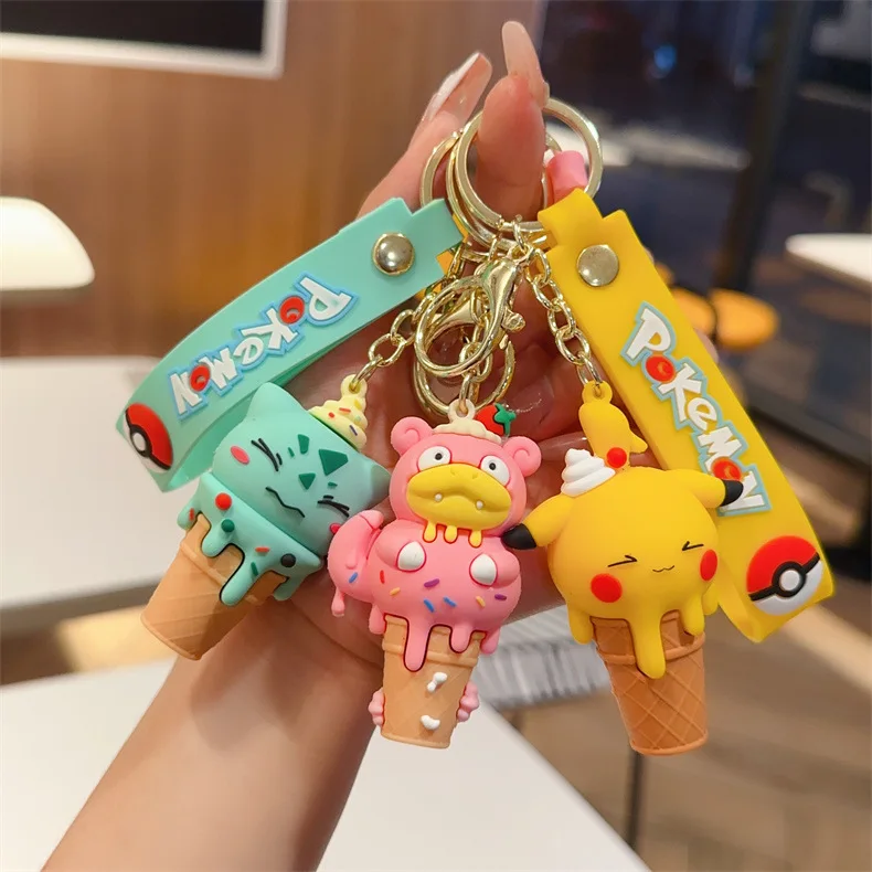 Pokemon Cute Keychain Silicone Doll Cartoon Ice Cream Cone Series Psyduck Bulbasaur Pendant Car Bag Hanging Ornaments Gifts