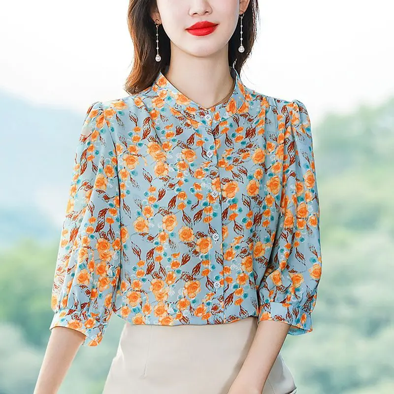 2024 Summer New Women\'s Elegant Versatile Slim Fashion Korean Version Crew Neck Printed Button Commuter 3/4 Sleeve Shirt Tops