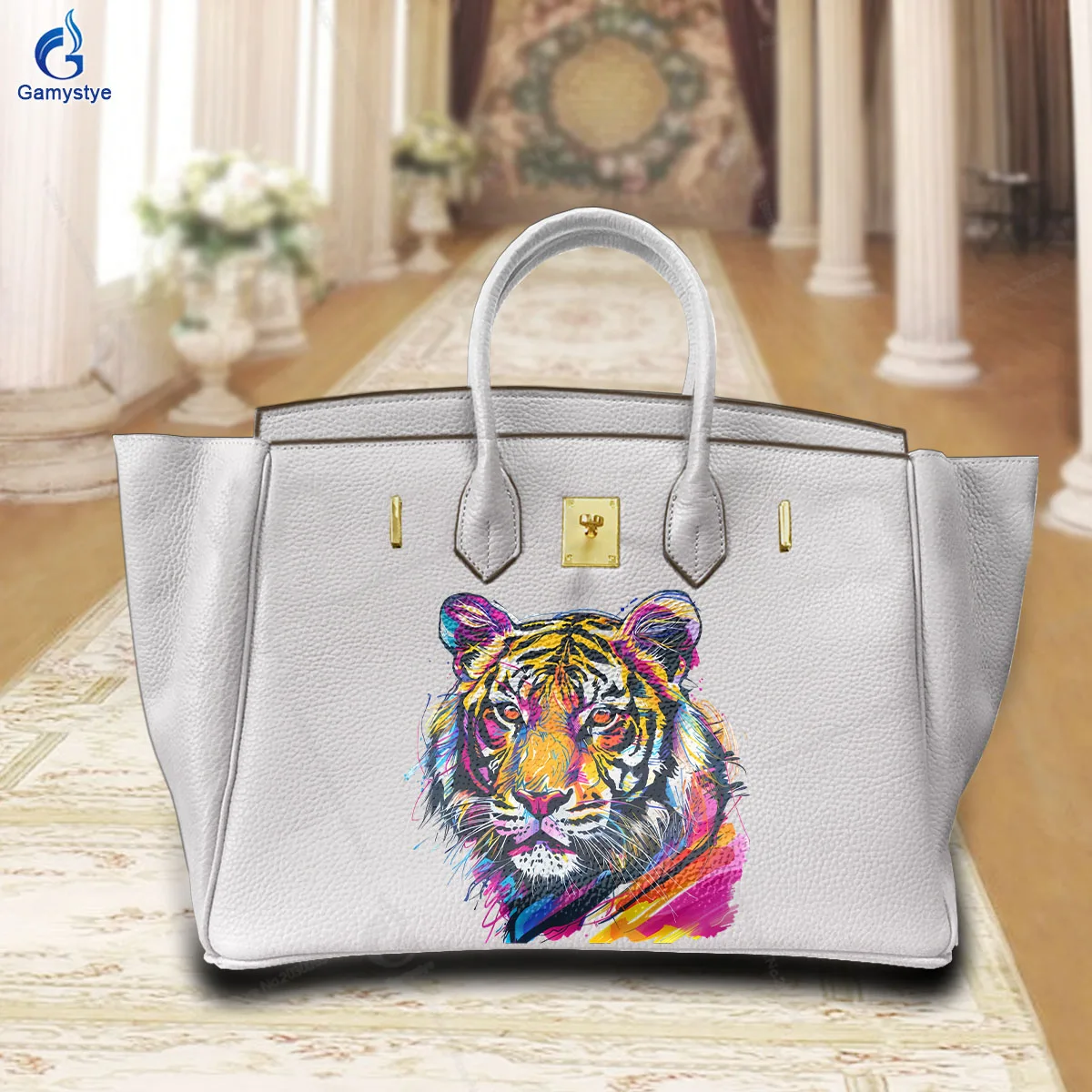 

Art Print Customize Totes Abstract Art Tiger Print Top Layer Cowhide Leather Lady Tote Bag Woman Sac A Mains Luxury Boston Bag