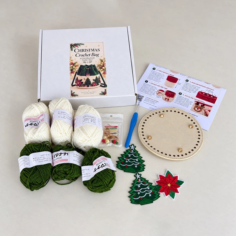 Christmas Crochet Bucket Crossbody Bag DIY Material Complete Kit with Instruction Handmade Knitted Drawstring Bucket Purse