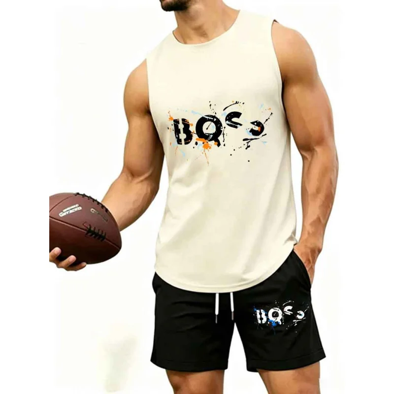 Men's  Graffiti Letter Print 2-Piece Tracksuit, Sleeveless Muscle Tank Top with Drawstring Shorts, Casual Urban Sportswear view 4