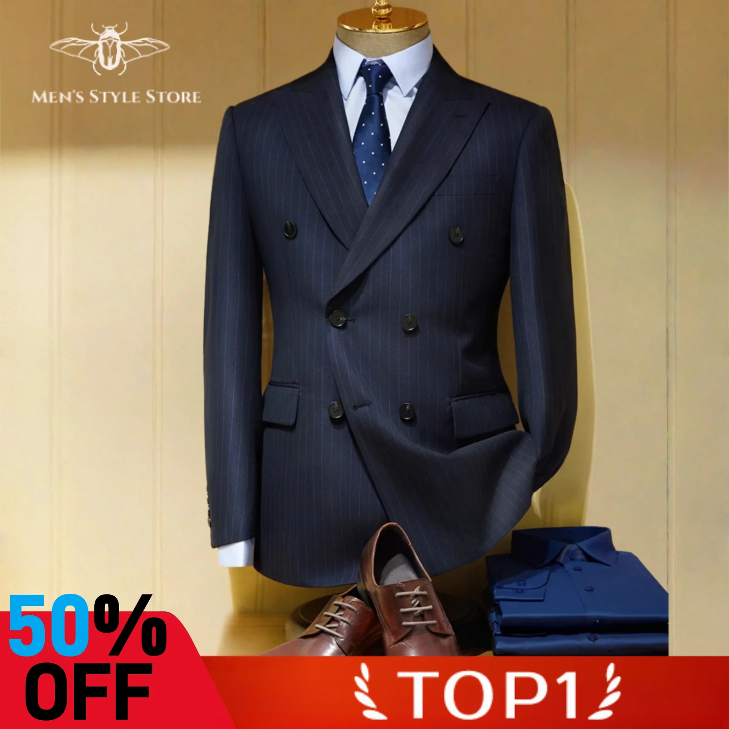 

Мужской двубортный комплект из двух предметов в полоску - черный/темно-синий/темно-серый формальный офисный свадебный пиджак, брюки, модный джентльмен