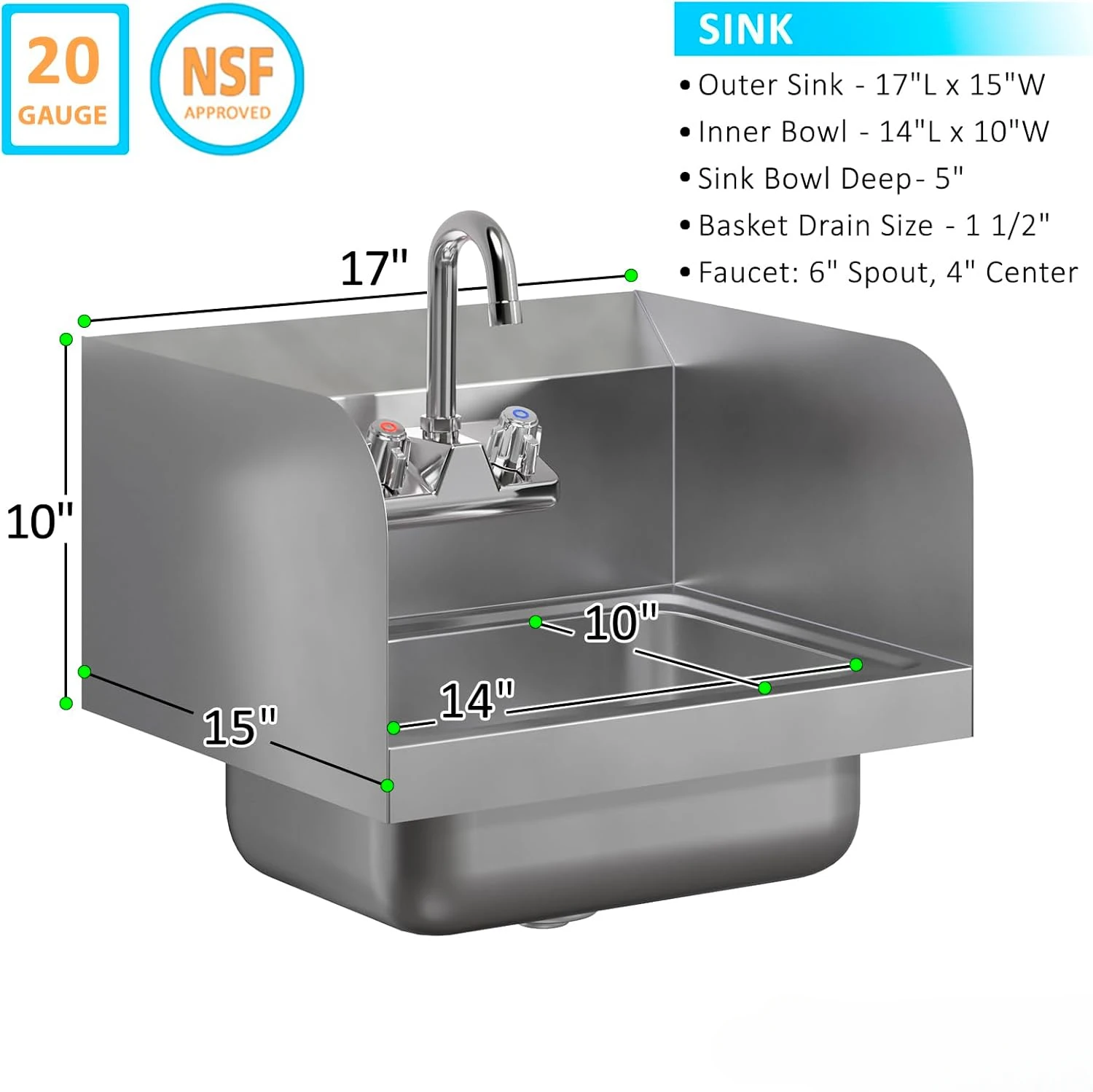 Faucet and sidesplash 17 "x 15" | NSF อ่างล้างมือเชิงพาณิชย์สำหรับร้านอาหารห้องครัวและที่บ้าน | ชามขนาด: 10 "x 14"