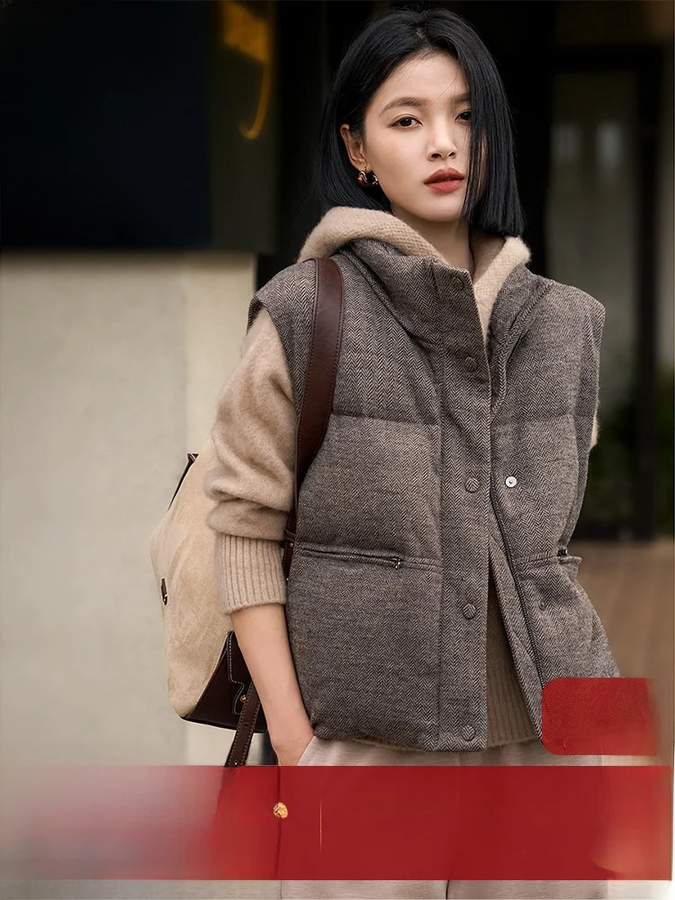 

Xhange Breathable Feather Vest Lightweight Woolen Stand Collar Goose down Jaet Warm Cozy Sle Ladies' Commute Faion