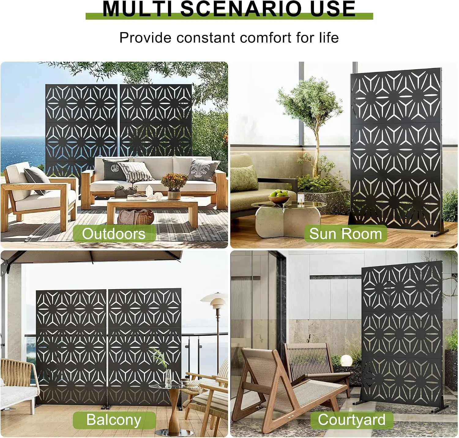 72" Metal Privacy Screen, Outdoor Freestanding Privacy Panel for Patio, Backyard, Balcony, Deck, Anti Tipping Kit, Weather Resistant Steel, Easy DIY Assembly, Modern Geometric, Black view 6