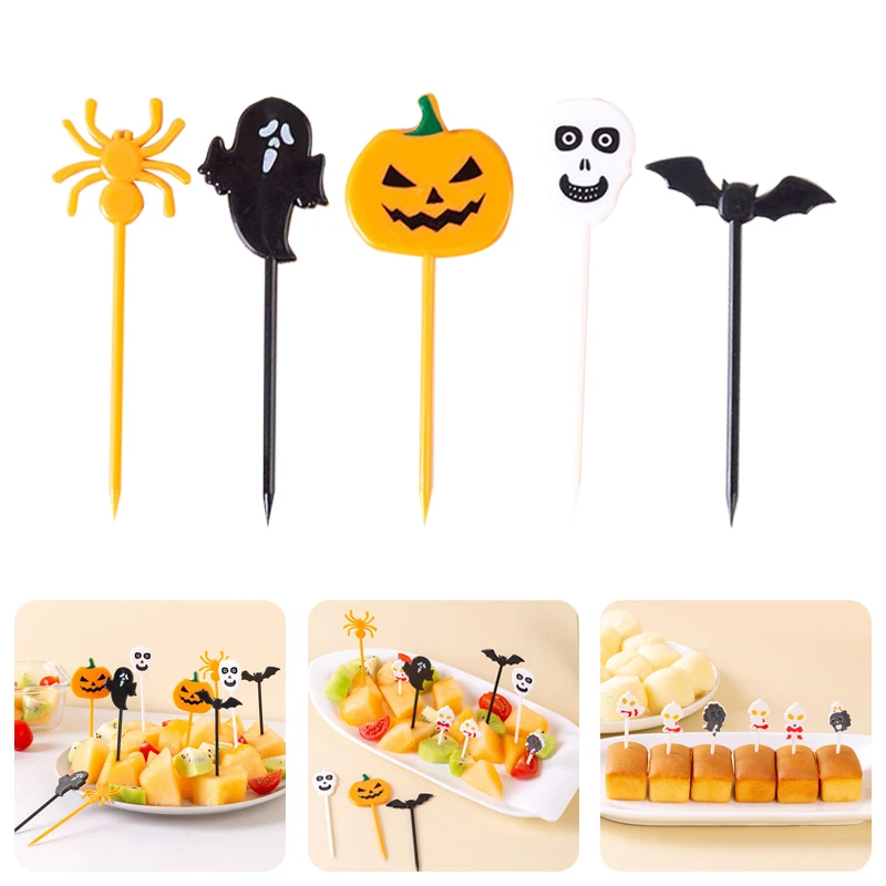 10pcs Halloween Fruit Fork Cartoon Children Cake Dessert Pick Toothpick Lunch Pick Food Fork Bento Party Decoration Random Style