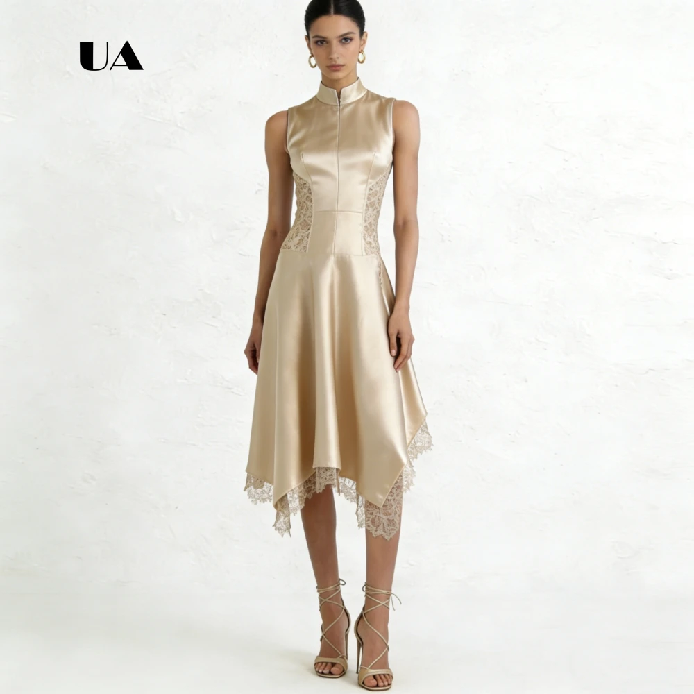 

ULBYANRY Satin Asymmetrical Prom Dress with Mandarin Collar Sleeveless Lace Evening Dress for Woman Solid Customized Party Gown