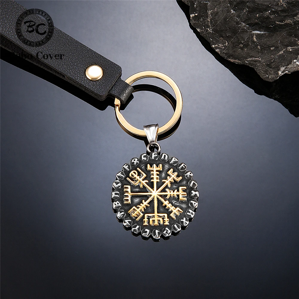 Vintage Norse 24 Runes Vegvisir Keyring Mens Viking Compass Pendant Stainless Steel Keychain Icelandic Male Amulet Jewelry Gifts