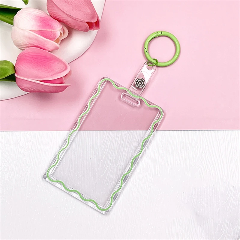 Wave Strip Transparent Card Holder With Keychain Pendant Student Bus Access Control ID Card Protective Cover Office Supplies