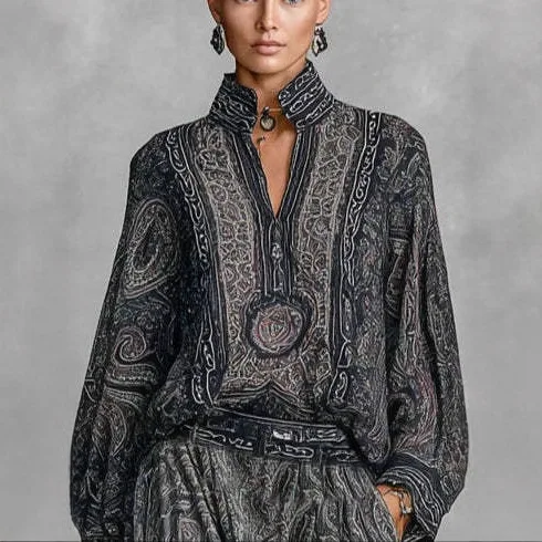 Women's Stand Collar Printed Long Sleeve Top And Wide Leg Pants Two Piece Set Loose Slimming Comfort Casual Commute Retro Outfit