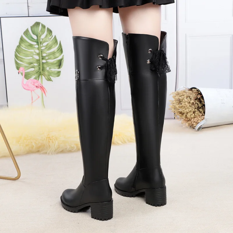 Damskie zimowe kozaki za kolano z wełny i skóry ekologicznej, na średnim obcasie, wysokie, z wełną, kozaki na obcasie.