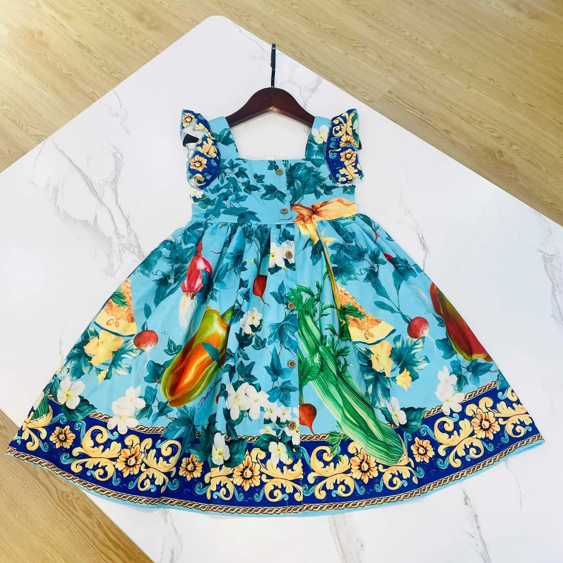 

2025 New Children's Dress Blue Summer Girls' dress Pure Cotton Short Sleeve Baby dress high quality children clothing