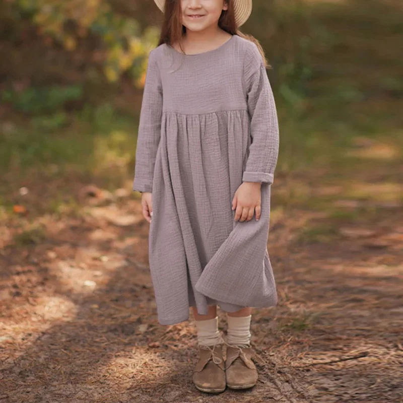 Outono crianças vestido de verão sem mangas linho vestidos de algodão para a criança menina plissado sólido crianças vestido de manga longa presentes de aniversário