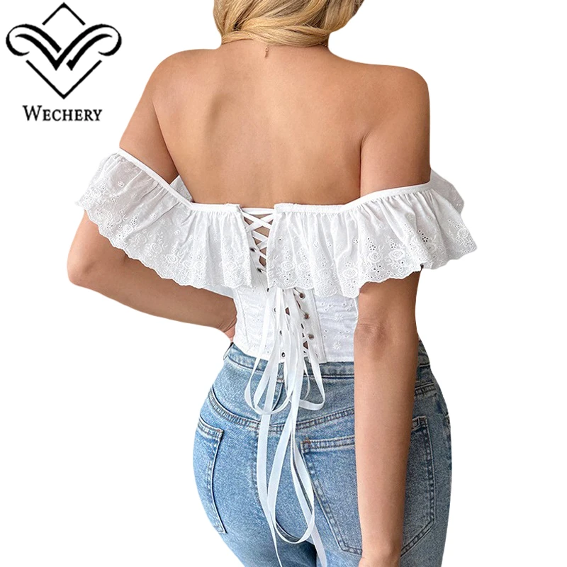 Women Off Shoulder Corset Top Ruffle Lace Bustier Vintage Lace Up Back Waist Slimming Body Shaper Party Clubwear Crop Top - view 3