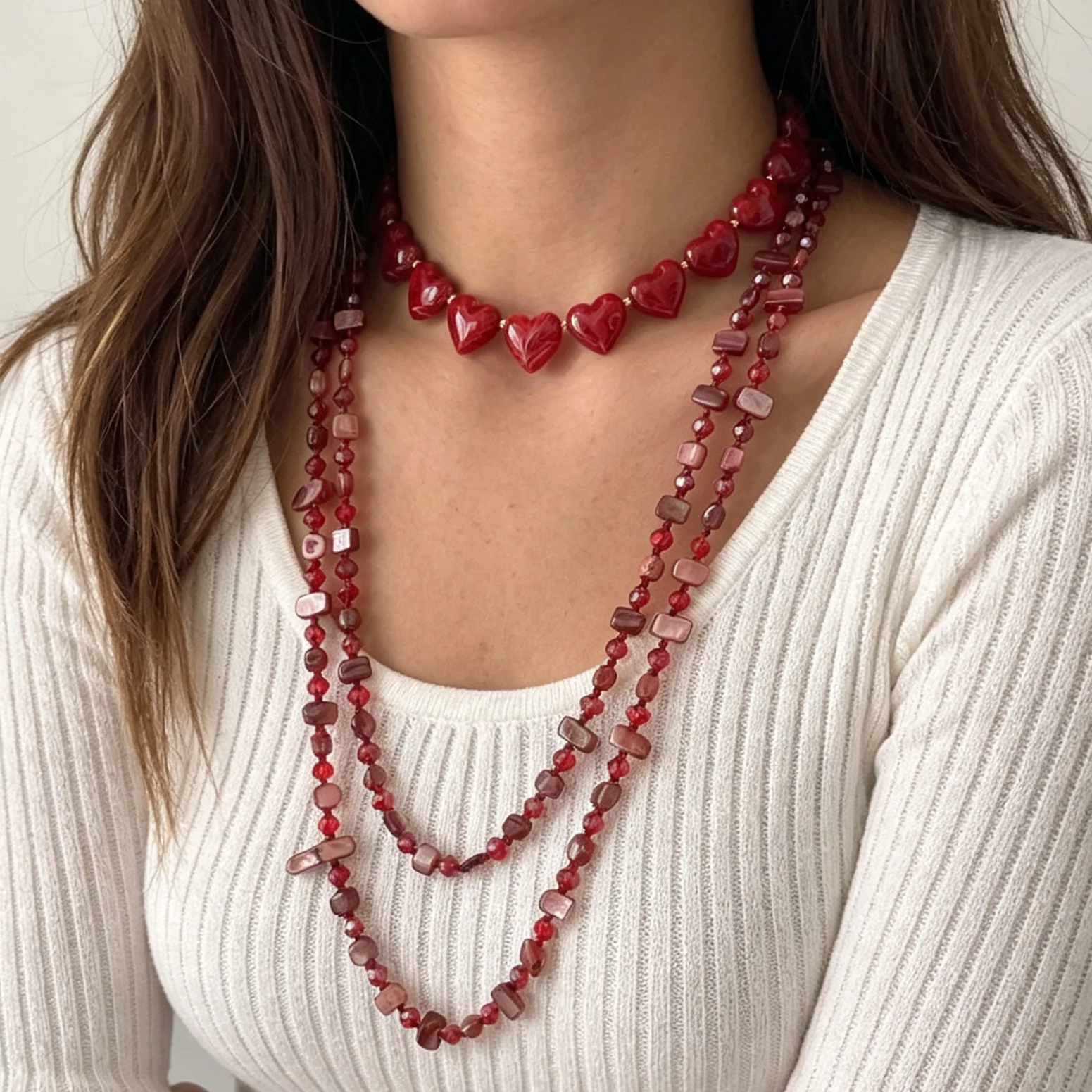 Red Irregular Retro Shell Bead Necklace Set for Women Simple Resin Heart Geometric Long Layered Clavicle Chain Jewelry Gift